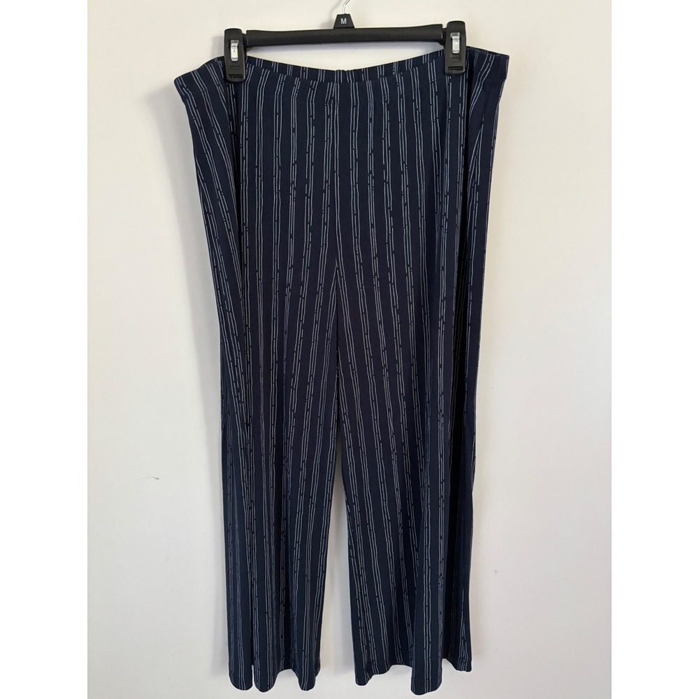 Chicos Travelers Navy Blue Pinstripe Wide Leg Pull On Pants Size 3 XL
